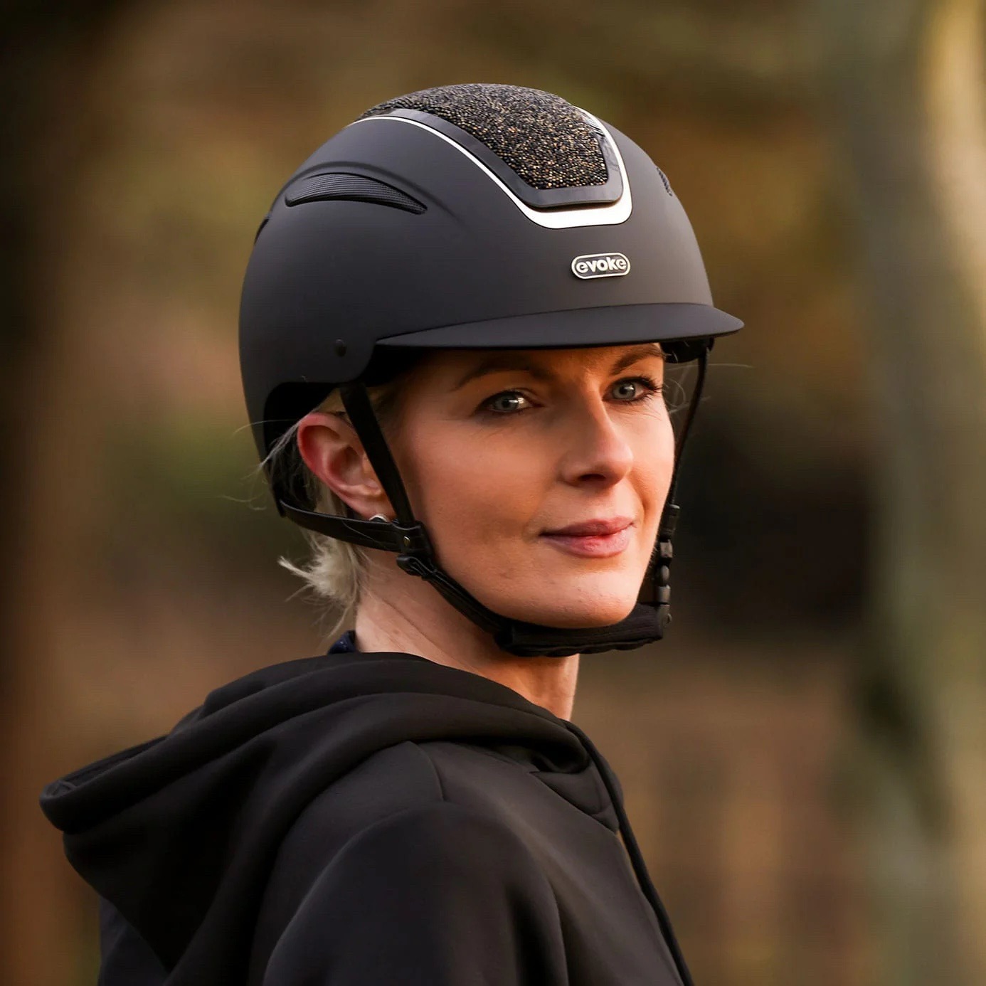 Evoke Callisto Classic Peak Riding Hat - Black/Gold Crystal - Image 4